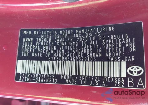 2016 Toyota Corolla S Plus from USA, damaged, VIN 5YFBURHE4GP529405